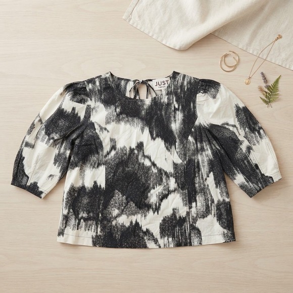 Just Female Tops - Just Female Blouse Women 38 Black White Abstract Puff Sleeve Scandi Minimalist